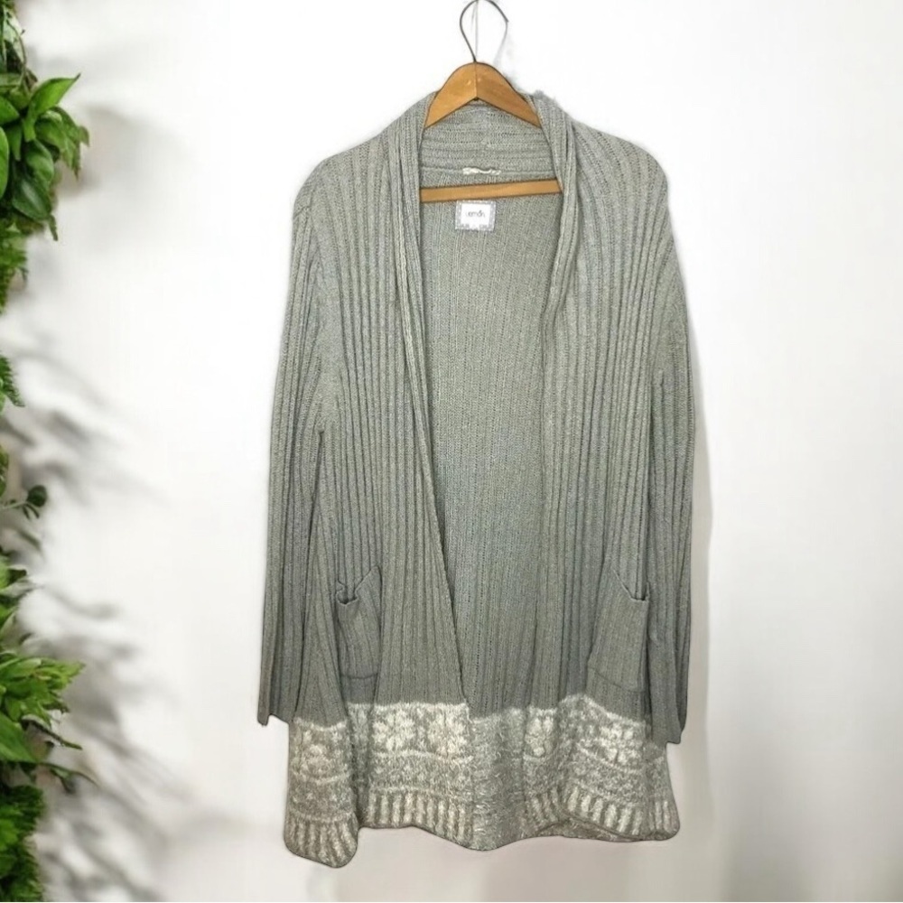 Longline Ribbed Duster Cardigan Fair Isle Hem Grey M/L